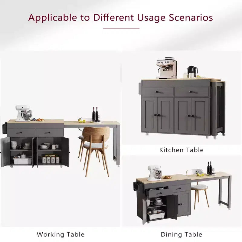 Isola da Cucina da 189 cm con Tavolo da Pranzo Estensibile, Carrello con 4 Armadietti, 2 Cassetti, Porta Spezie, Ripiani Regolabili