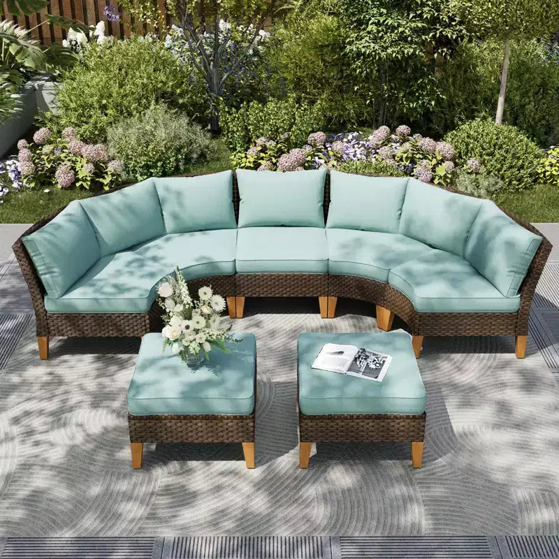 Captiva Designs Ensemble de canapés modulaires incurvés demi-lune en rotin osier 7 pièces pour l'extérieur avec pouf rembourré
