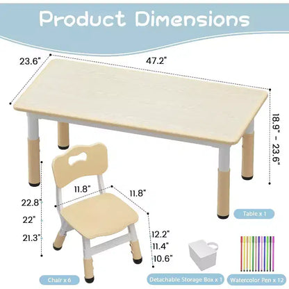 Table et 6 Chaises pour Enfants - Table d'Activités et de Repas à Hauteur Réglable pour Tout-Petits de 3 à 10 Ans, 136 kg