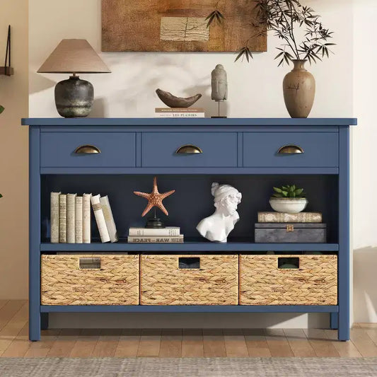Consolle da Ingresso con Contenitore, Tavolo da Ingresso Stile Rustico con 3 Cassetti e 3 Cesti in Giacinto d'Acqua per Soggiorno o Ingresso - Panipeachy