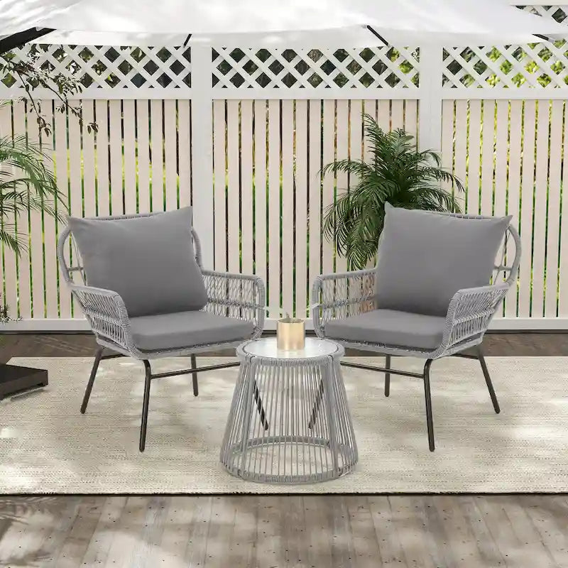 Set da Bistrot da Esterno in Rattan da 3 Pezzi, Set di Mobili da Giardino con Tavolo in Vetro e 2 Ampie Poltrone, Cuscini Inclusi