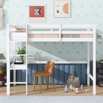 Lit mezzanine Okak Minimalism avec échelle, lit mezzanine simple en bois d'hévéa avec garde-corps de sécurité et bureau intégré, cadres de lit pour enfants, adolescents