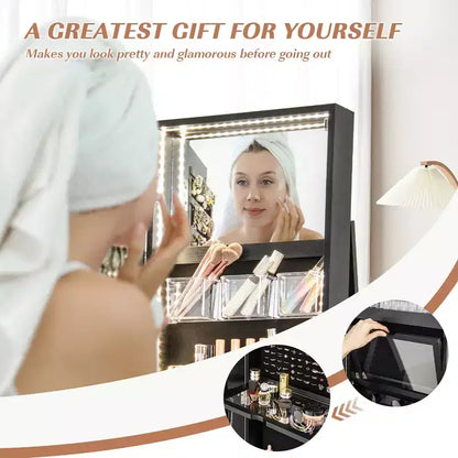Costway Armoire à bijoux rotative à 360° avec miroir, 3 modes de couleur LED, verrouillable, noir