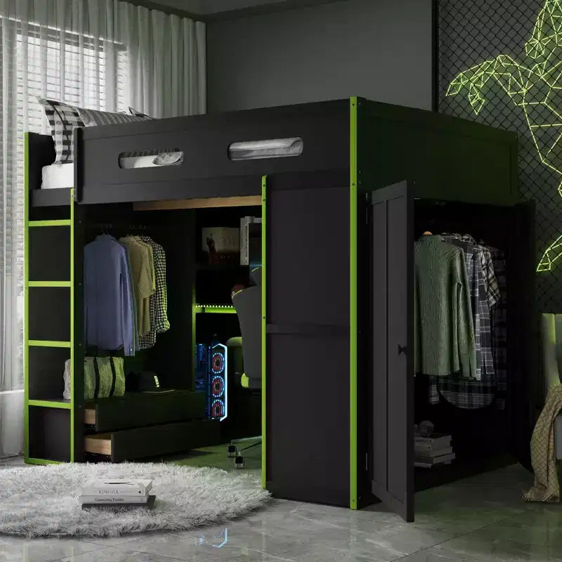 Merax Letto a soppalco a una piazza e mezza con scrivania, armadio, luci LED RGB e porta di ricarica USB Elegante struttura nera con spazio multi-contenitore per gli amanti dei giochi