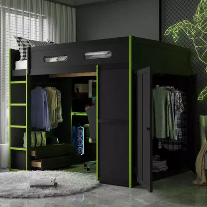 Merax Letto a soppalco a una piazza e mezza con scrivania, armadio, luci LED RGB e porta di ricarica USB Elegante struttura nera con spazio multi-contenitore per gli amanti dei giochi