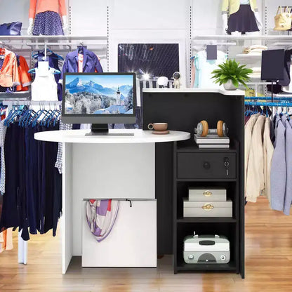 Costway Bancone per Reception, Scrivania da Ufficio con Ripiano Aperto e Cassetto con Serratura, Bianco/Marrone/Nero