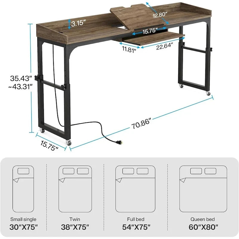 Table de lit réglable en hauteur avec roulettes, Chariot mobile pour ordinateur portable avec prises et ports USB