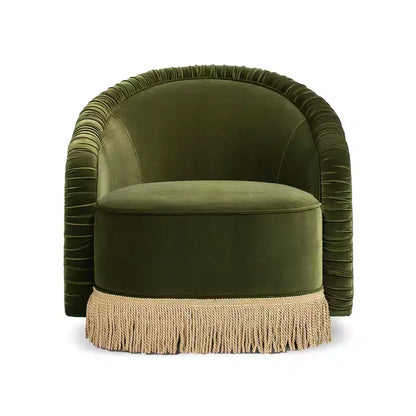 Poltrona Jennifer Taylor Home Serena 31,5" con schienale a botte arricciato e frange Bullion, velluto performance verde oliva