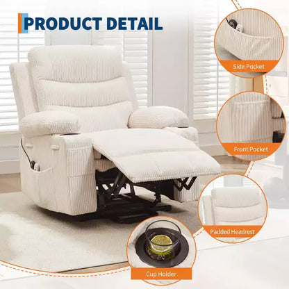 Fauteuil inclinable électrique releveur, fauteuils inclinables électriques pour personnes âgées avec fonction chauffante et massante, aide à la levée, porte-gobelets, poche latérale, pour salon