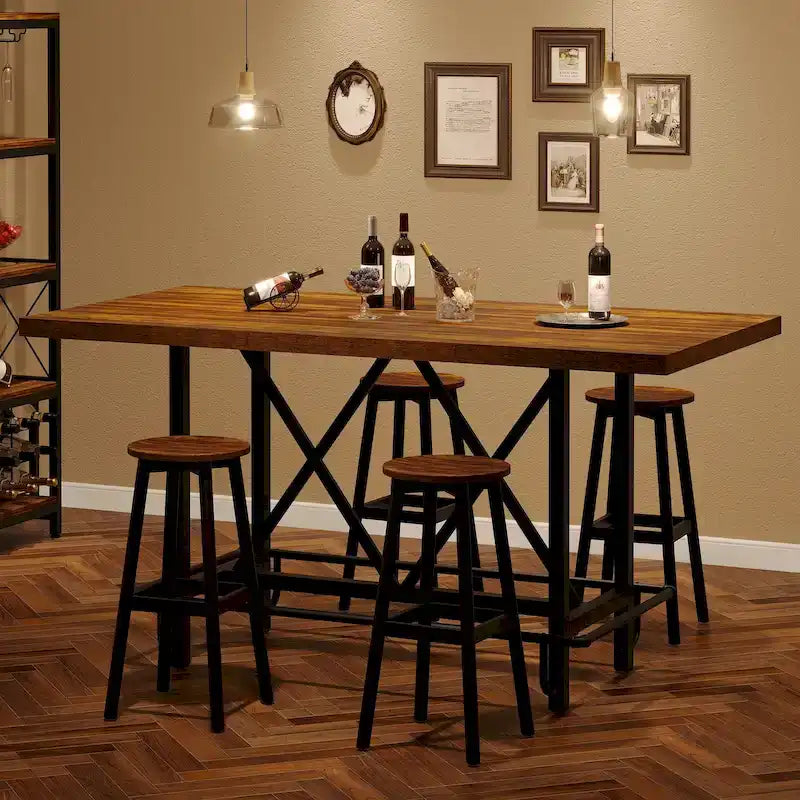 Tavolo da pub alto da 6 posti con poggiapiedi, tavolo da bar alto con piano in legno spesso e struttura in metallo per casa/cucina