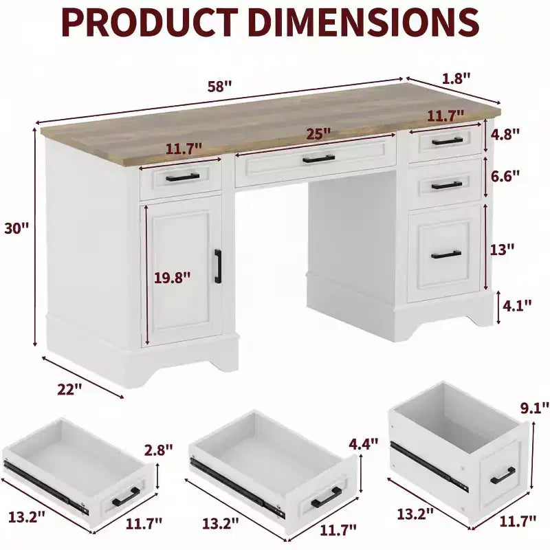 Bureau exécutif de ferme avec rangement, Bureau d'écriture en bois avec 5 tiroirs et armoire, Table d'ordinateur rustique pour salon, chambre à coucher, bureau
