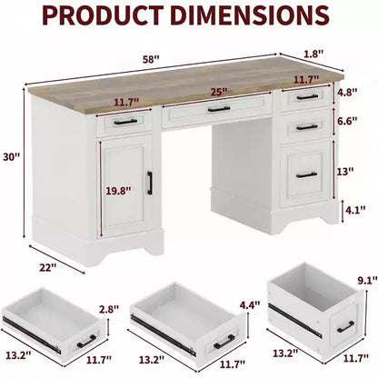 Bureau exécutif de ferme avec rangement, Bureau d'écriture en bois avec 5 tiroirs et armoire, Table d'ordinateur rustique pour salon, chambre à coucher, bureau