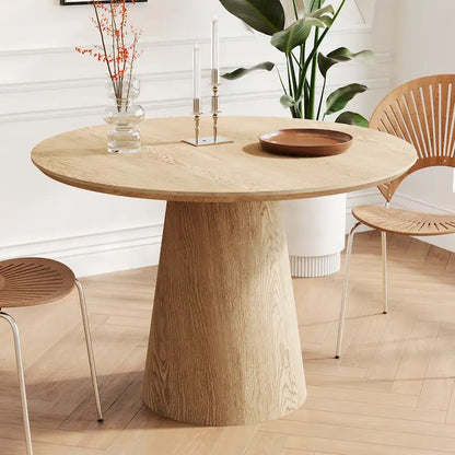 Table de salle à manger ronde pour 4-6 personnes, en bois naturel avec pied conique en bois, style rustique minimaliste
