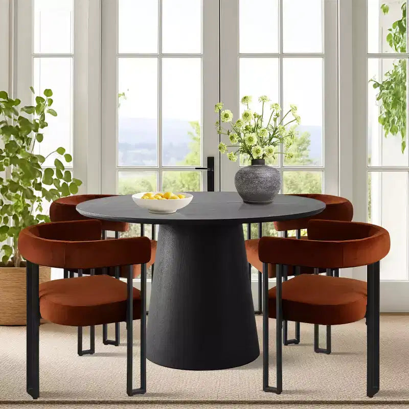 Set tavolo da pranzo allungabile da 120-210 cm per 4 persone, tavolo nero e 4 sedie da pranzo imbottite in velluto con gambe in metallo, stile moderno