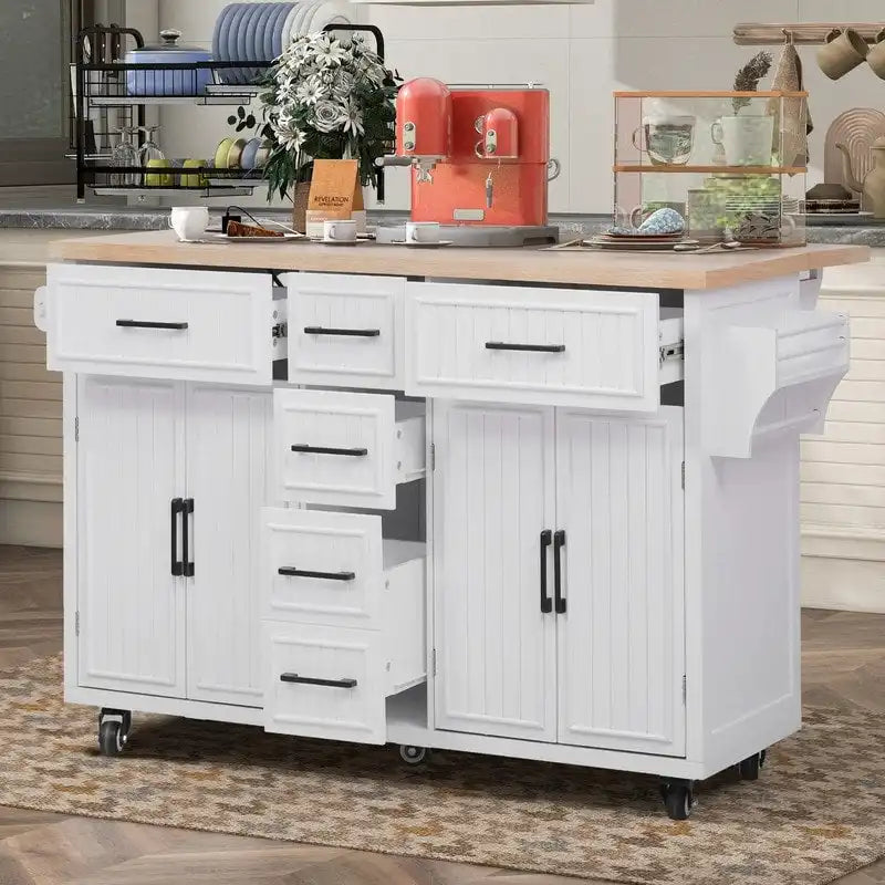 Isola per Cucina da 56,5 Pollici con Piano Ribaltabile e Stazione di Ricarica, Carrello da Cucina su Ruote con Cassetti e Ripiani Regolabili