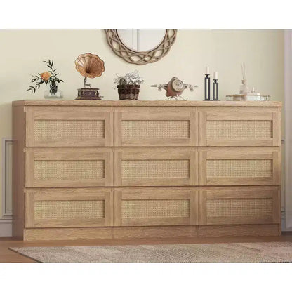 Comò per camera da letto, cassettiera a 9 cassetti in rattan per armadio, cassettiere e cassettoni doppi in legno