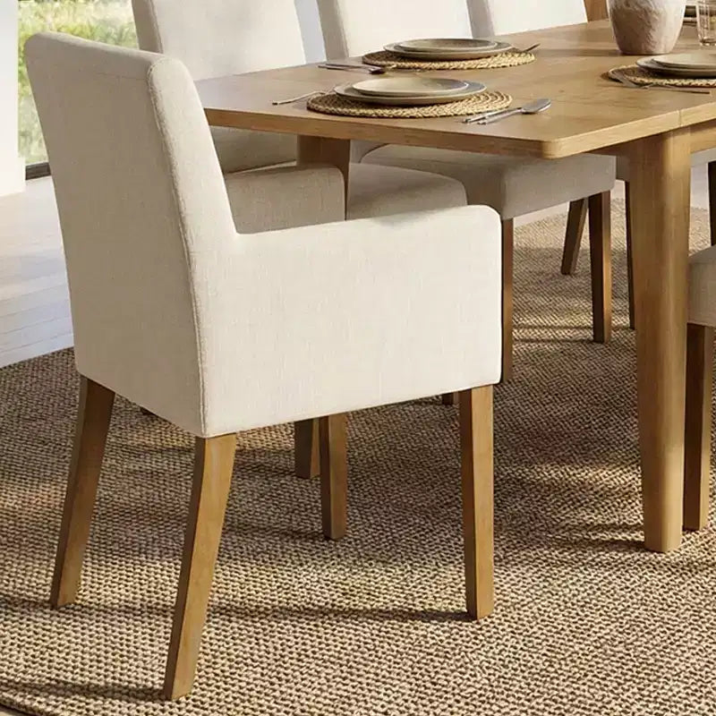 Set da pranzo da 9 pezzi con prolunga, include 6 sedie senza braccioli e 2 poltrone in lino neutro, gambe in legno massello, stile moderno-Panipeachy