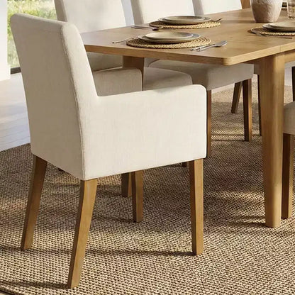 Set da pranzo da 9 pezzi con prolunga, include 6 sedie senza braccioli e 2 poltrone in lino neutro, gambe in legno massello, stile moderno-Panipeachy