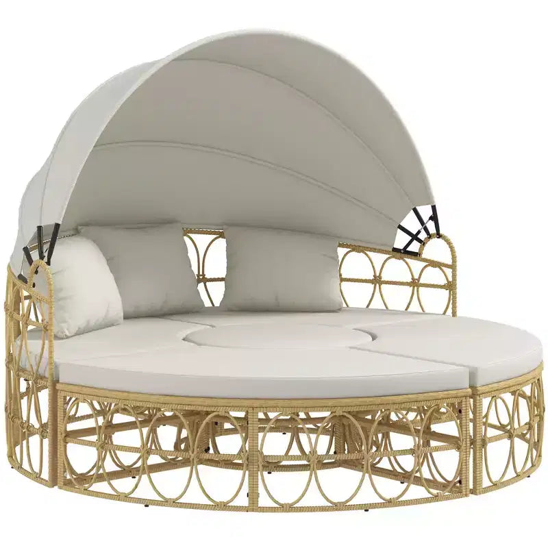 Outsunny Letto rotondo da esterno 4 pezzi con tettuccio, set mobili da giardino in rattan PE imbottito, bianco crema