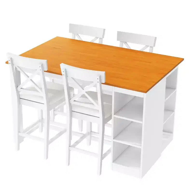 Set da pranzo a 5 pezzi in stile rustico ad altezza bancone per 4 persone, set da tavolo da bar in legno con ripiani e 4 sedie imbottite
