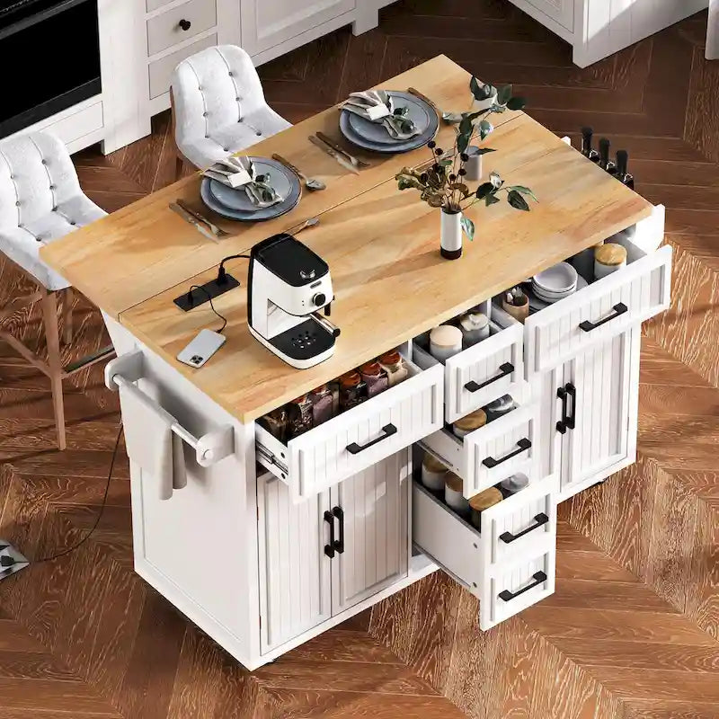 Isola per Cucina da 56,5 Pollici con Piano Ribaltabile e Stazione di Ricarica, Carrello da Cucina su Ruote con Cassetti e Ripiani Regolabili