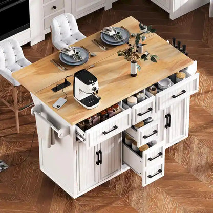 Isola per Cucina da 56,5 Pollici con Piano Ribaltabile e Stazione di Ricarica, Carrello da Cucina su Ruote con Cassetti e Ripiani Regolabili