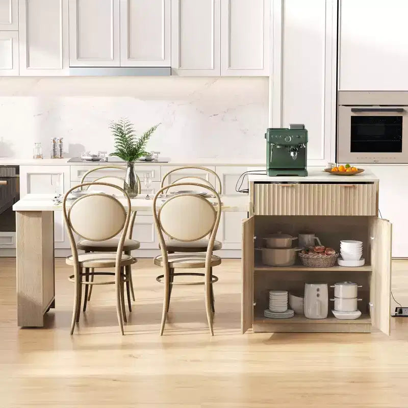 Îlot de cuisine cannelé avec table extensible, prise électrique et rangement double face