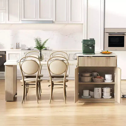 Îlot de cuisine cannelé avec table extensible, prise électrique et rangement double face