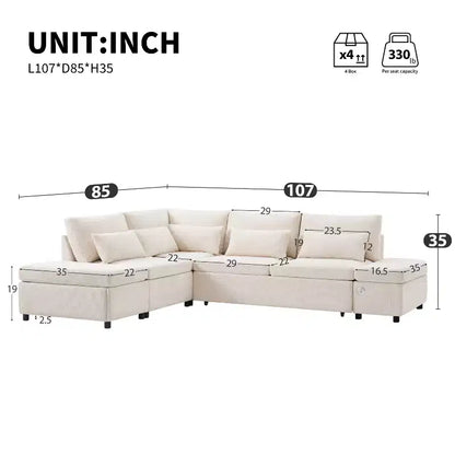 Canapé-lit modulaire sectionnel Whisen 270 - 6 places en forme de L avec pouf de rangement, canapé en chenille, personnalisable pour salon et appartement