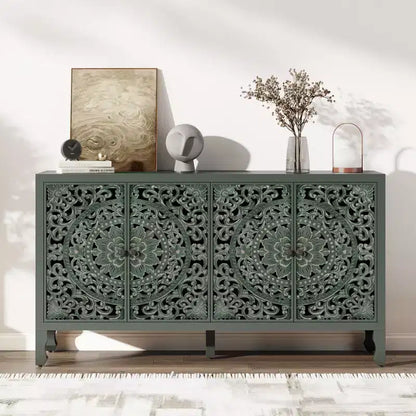 Credenza Buffet con Mobile Contenitore, Mobile Contenitore Effetto Invecchiato con 4 Ante Intagliate e Ripiano Regolabile, Credenze Buffet Laterali in Legno
