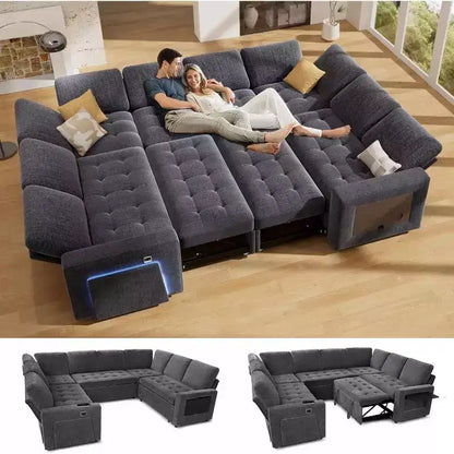 Divano componibile Dyonery a 8 posti a U con letto estraibile/schienale reclinabile/porte USB/tavolo/vano contenitore, montaggio senza attrezzi