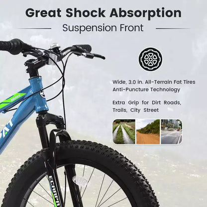 Vélo Okak 24 pouces Fat Tire avec suspension avant, VTT 7 vitesses avec frein à disque et cadre en acier à haute teneur en carbone, Vélo de randonnée pour les trajets quotidiens