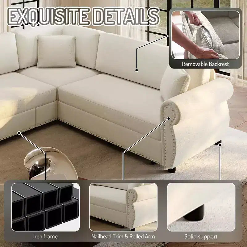 Canapé convertible d'angle 5 places Homy Casa 88 avec lit gigogne, revêtement chenille, beige