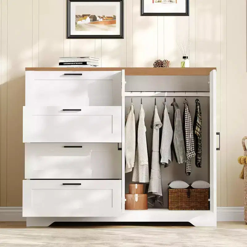 Guardaroba Armadio in Legno H 43.3 con 4 Cassetti e Asta Appendiabiti, Mobile Contenitore Multifunzionale per Camera da Letto