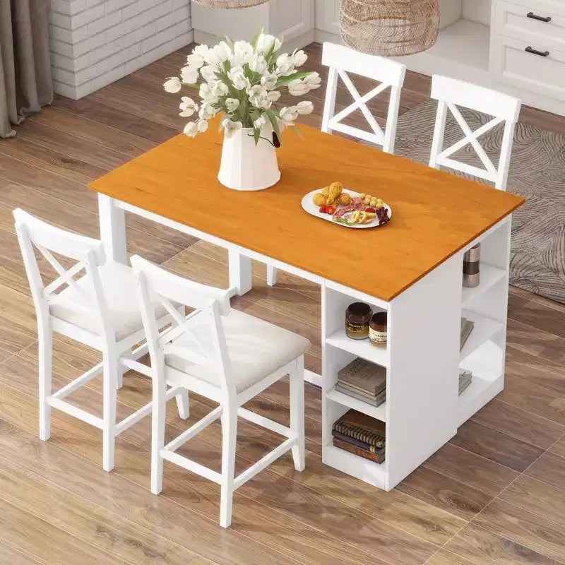 Set da pranzo a 5 pezzi in stile rustico ad altezza bancone per 4 persone, set da tavolo da bar in legno con ripiani e 4 sedie imbottite