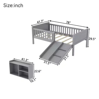 Lit superposé simple Whisen pour enfant avec toboggan, étagère de rangement mobile, balustrades, cadre de lit mezzanine bas