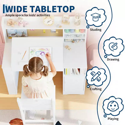 Set scrivania e sedia per bambini, con libreria superiore e piano inclinabile, tavolo da studio per bambini, scrivania per studenti, per camera da letto, casa