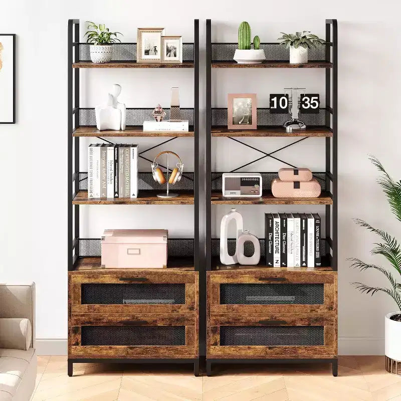 Étagère industrielle de 180 cm avec tiroirs, Bibliothèque rustique à 4 niveaux pour salon, chambre, bureau, marron