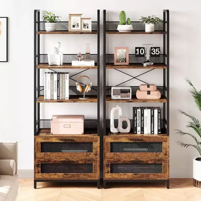 Étagère industrielle de 180 cm avec tiroirs, Bibliothèque rustique à 4 niveaux pour salon, chambre, bureau, marron