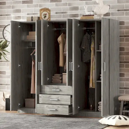 Armoire 6 portes en bois avec 3 grands tiroirs de rangement pour chambre à coucher