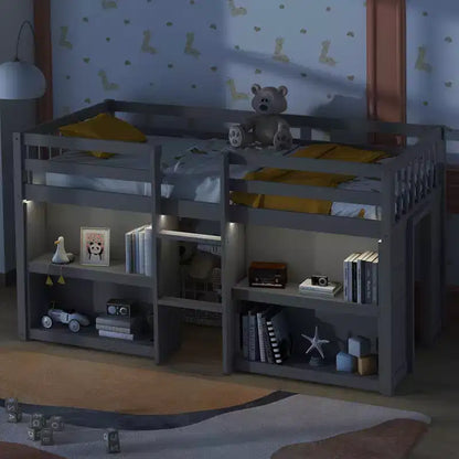 Whisen Letto a soppalco basso per bambini, dimensioni letto singolo, 79,8''L * 43,9''W, con due ripiani e luci LED