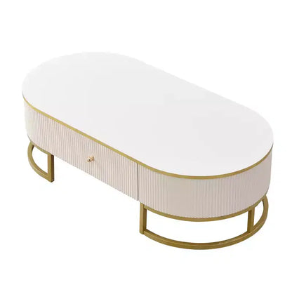 Tavolino da Caffè Moderno 47W, Tavolino da Salotto, Tavolino Centrotavola, Tavolino d'Appoggio con Cassetti, Design dal Profilo Curvo, Gambe in Metallo Dorato, Ovale, Bianco+Oro-ModernLuxe
