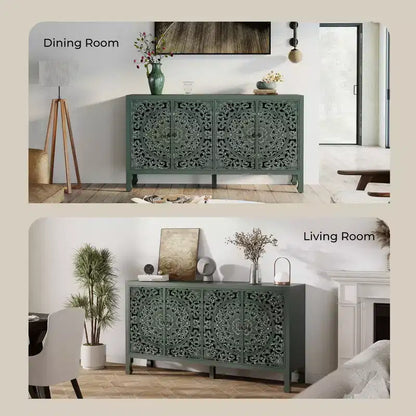 Credenza Buffet con Mobile Contenitore, Mobile Contenitore Effetto Invecchiato con 4 Ante Intagliate e Ripiano Regolabile, Credenze Buffet Laterali in Legno