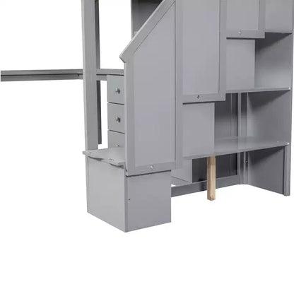 Lit mezzanine une place avec bureau en L, 3 tiroirs, placard, rangements intégrés dans l'escalier, en pin massif/MDF