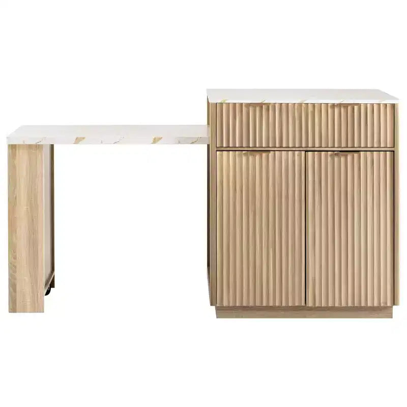 Îlot de cuisine cannelé avec table extensible, prise électrique et rangement double face