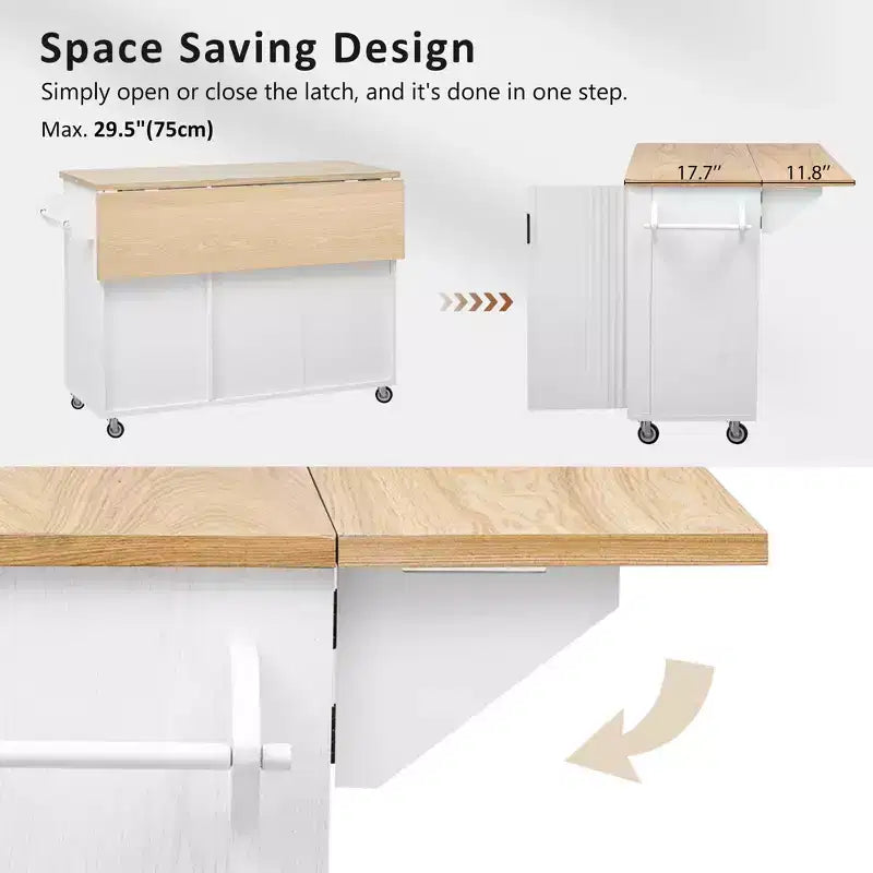 Isola cucina da 51" Farmhouse con scanalature, piano a ribalta, ruote e ripiano interno