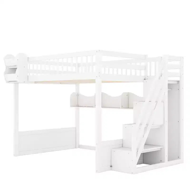 Letto a soppalco Queen Size con scaletta, armadio e scaffali - MDF, 295 kg