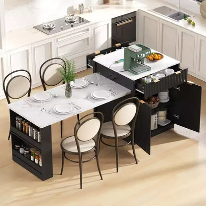Îlot de cuisine cannelé avec table extensible, prise électrique et rangement double face