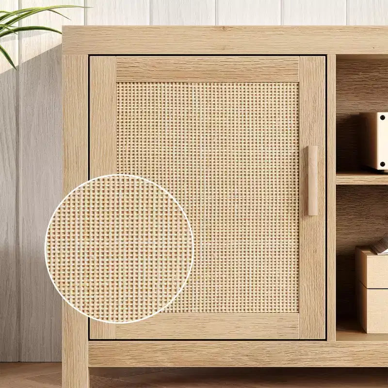 Mobile TV Boho, Porta TV in Rattan con Ripiani Regolabili e Contenitore, Quercia Naturale