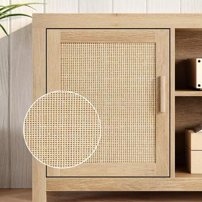 Mobile TV Boho, Porta TV in Rattan con Ripiani Regolabili e Contenitore, Quercia Naturale